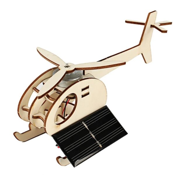Modèle d'hélicoptère en bois avec panneau solaire, parfait pour l'apprentissage de l'énergie renouvelable et la décoration scientifique.