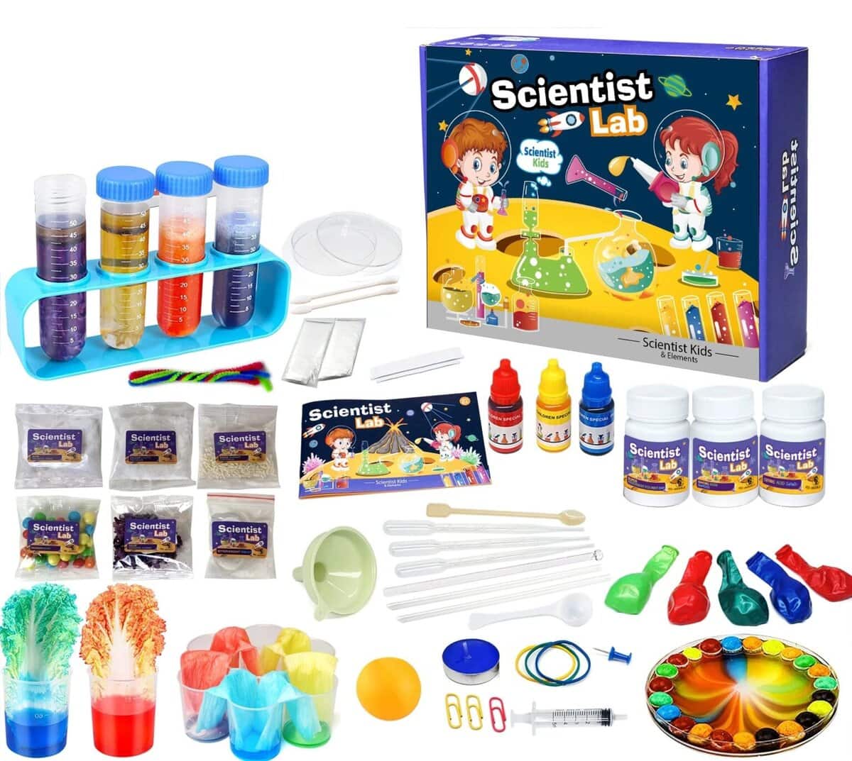Kit scientifique pour expériences de chimie et de physique.