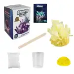 Kit de cristaux de sulfate de cuivre pour expérience scientifique DIY, comprenant un récipient, un bâton de mélange, un sachet de poudre, un cristal de vapeur, et un support pour cristaux.