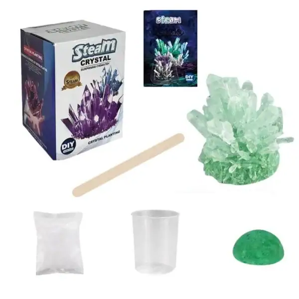 Cristal de vapeur DIY pour la création de cristaux de quartz colorés, comprenant un kit complet avec bâtonnet, poudre, moule et instructions pour réaliser des cristaux décoratifs.