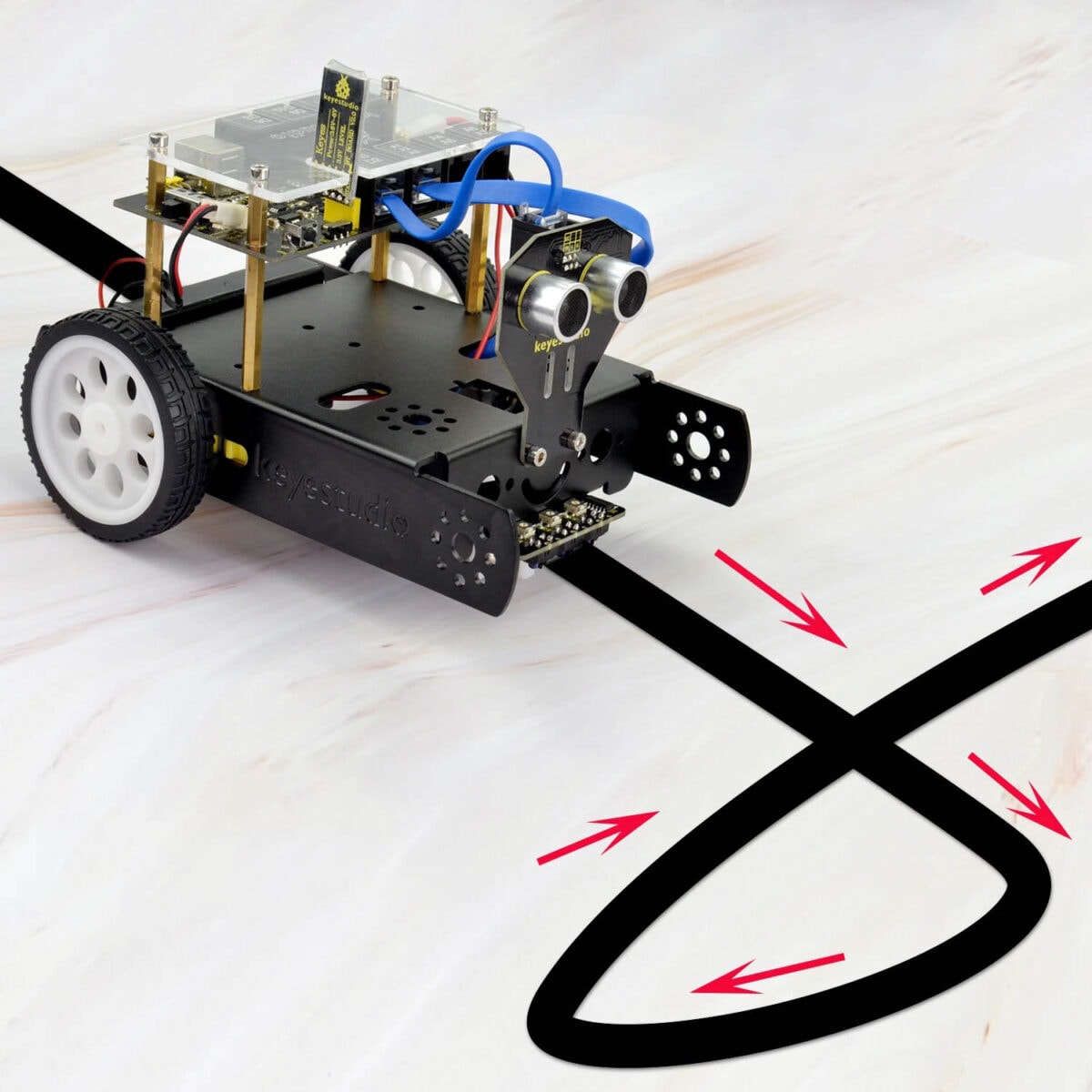 Robot éducatif programmable avec capteurs et roues pour l'apprentissage de la robotique et de la programmation.