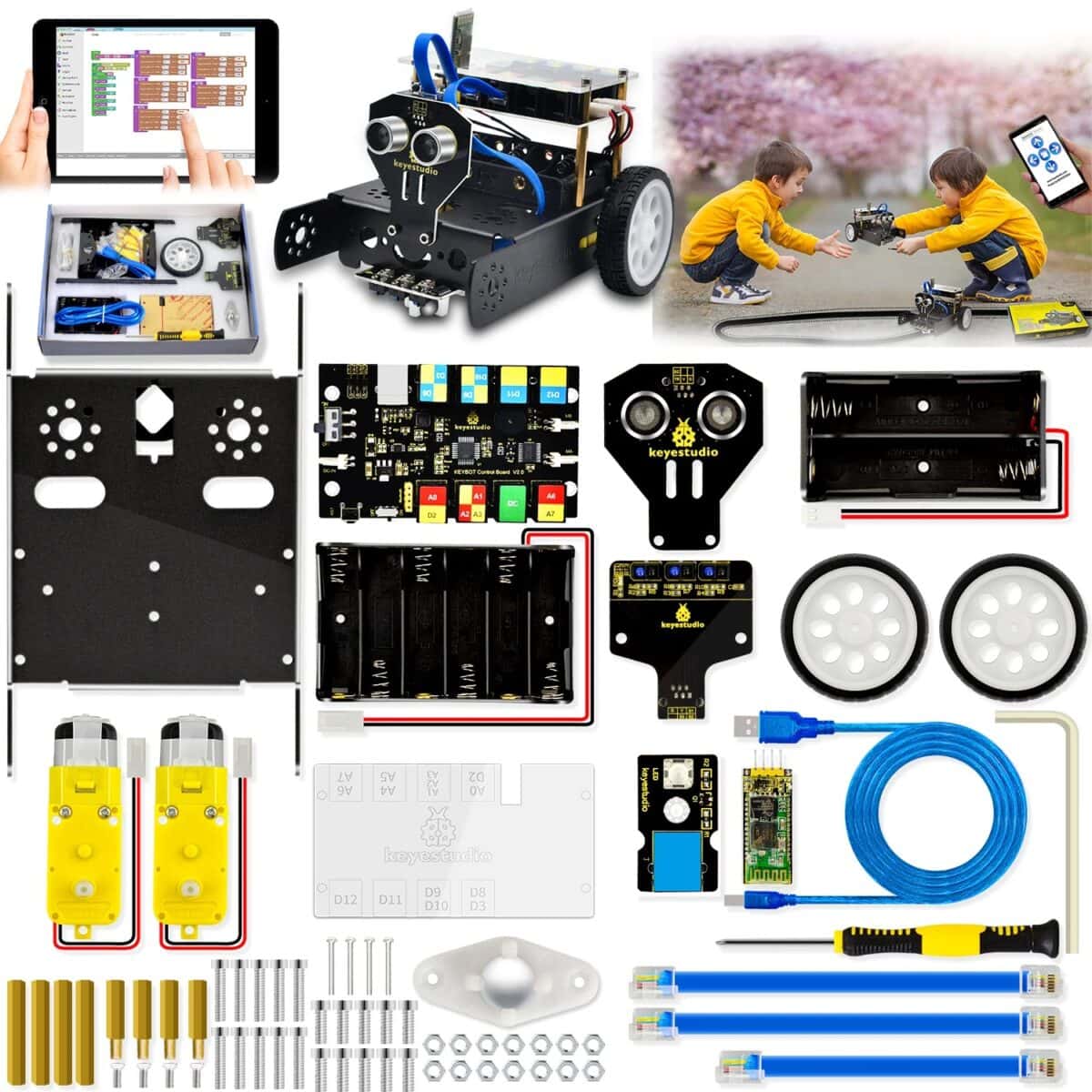 Kit robotique éducatif pour enfants avec composants électroniques, capteurs, moteurs et télécommande pour apprendre la programmation et la robotique.