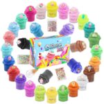 Kit de slime coloré avec plusieurs couleurs vives, paillettes, et accessoires pour créer des textures amusantes. Parfait pour les activités créatives et sensorielles.