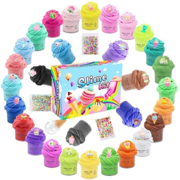 Kit de slime coloré avec plusieurs couleurs vives, paillettes, et accessoires pour créer des textures amusantes. Parfait pour les activités créatives et sensorielles.