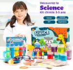 Ensemble d'expériences scientifiques pour enfants de 3 à 5 ans, comprenant des produits pour expériences de chimie, activités parent-enfant, DIY et découverte scientifique.
