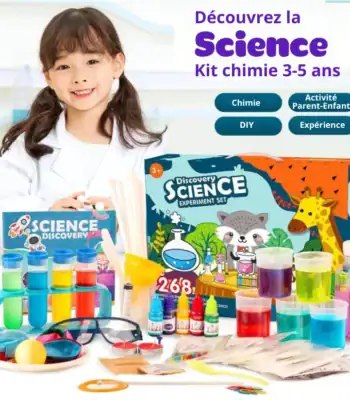 Ensemble d'expériences scientifiques pour enfants de 3 à 5 ans, comprenant des produits pour expériences de chimie, activités parent-enfant, DIY et découverte scientifique.
