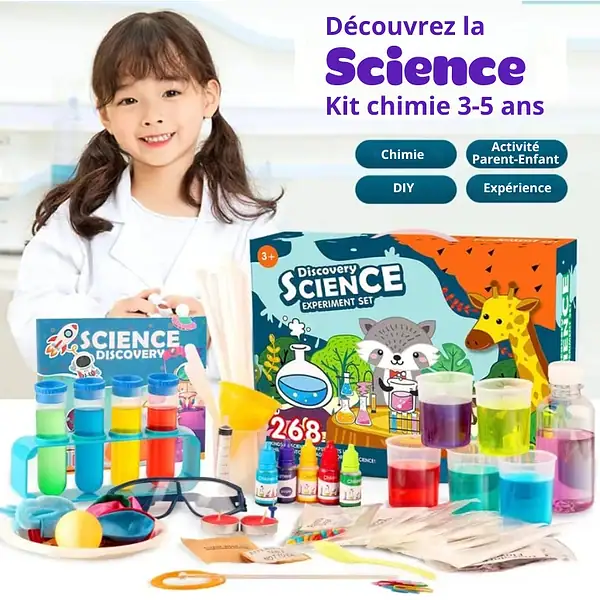 Ensemble d'expériences scientifiques pour enfants de 3 à 5 ans, comprenant des produits pour expériences de chimie, activités parent-enfant, DIY et découverte scientifique.
