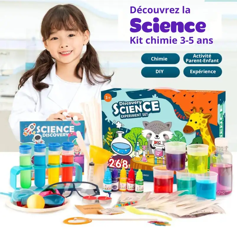 Ensemble d'expériences scientifiques pour enfants de 3 à 5 ans, comprenant des produits pour expériences de chimie, activités parent-enfant, DIY et découverte scientifique.