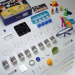 Ensemble de matériel scientifique pour expériences éducatives et ludiques, comprenant des fioles, pipettes, capsules, colorants, et accessoires pour expériences de chimie et biologie.