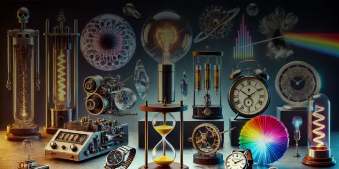 Accessoire scientifique vintage avec horloge et expériences.