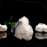 Pierre de quartz blanc naturelle avec détails cristallins, accompagnée d'une petite plante verte, mettant en valeur la texture et la pureté du minéral.