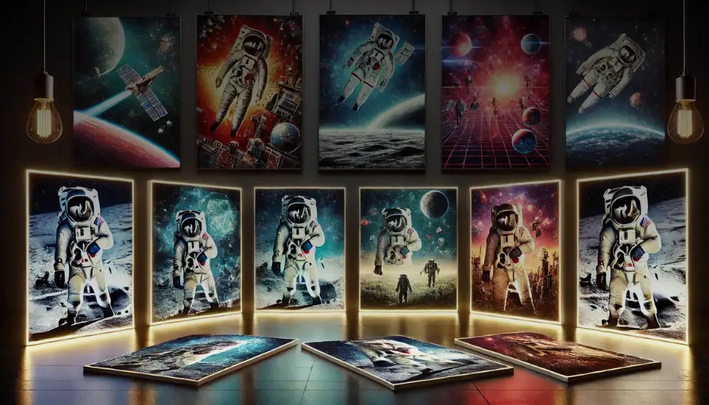 Panneaux muraux avec astronautes et thèmes spatiaux, parfaits pour une décoration scientifique ou pour un espace dédié à l'astronomie.