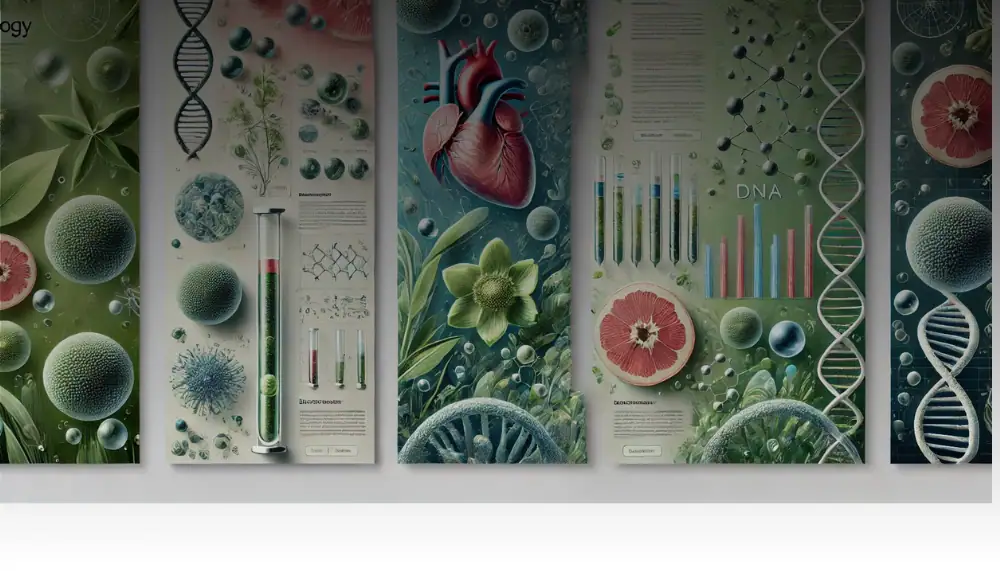 Collection d'illustrations scientifiques représentant des éléments biologiques, génétiques et médicaux, incluant des cœurs, ADN, cellules et graphiques pour la décoration ou l'éducation.