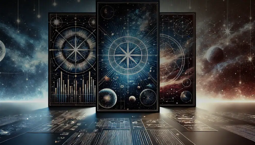 Illustration futuriste représentant des écrans holographiques avec des graphiques et des constellations, évoquant l'exploration spatiale et la science.