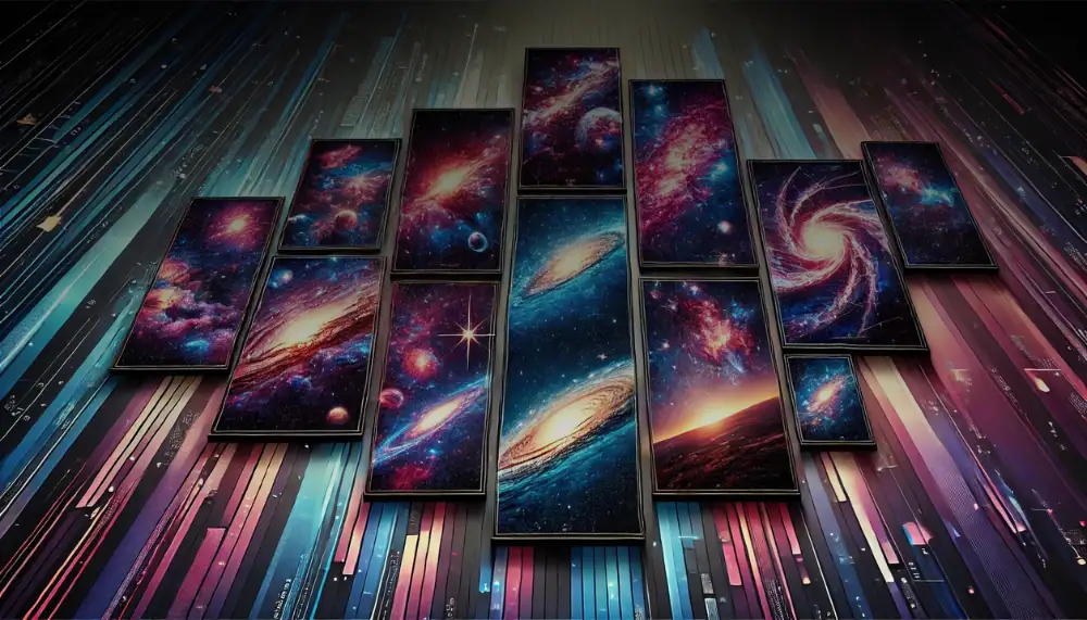 Mosaïque de téléphones portables affichant des images de galaxies et d'astres, créant une scène cosmique immersive.