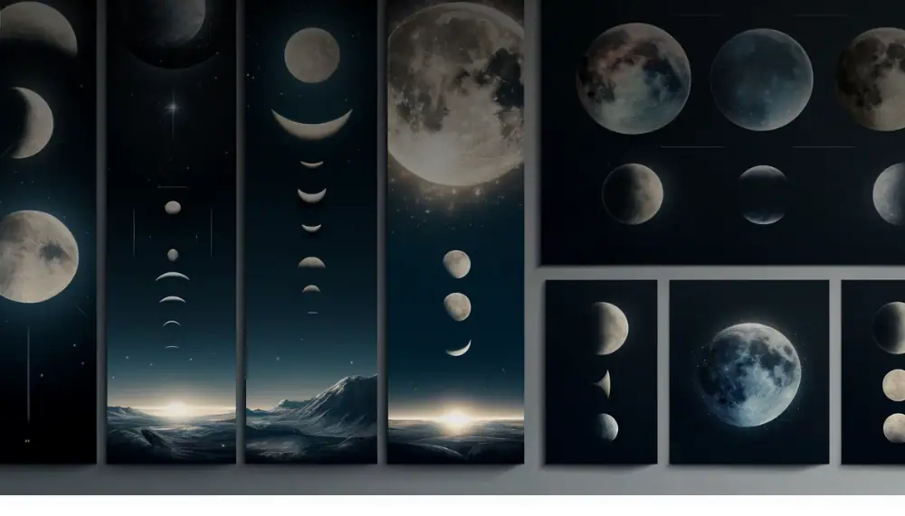 Illustration des différentes phases de la lune présentée sous forme d'affiches murales pour décoration scientifique et éducative.