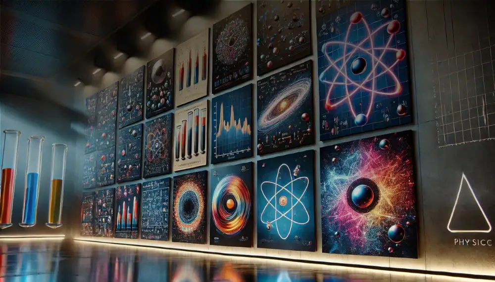 Mur d'affiches avec illustrations de concepts scientifiques, notamment atomes, galaxies, et expériences, dans une boutique de décoration scientifique.