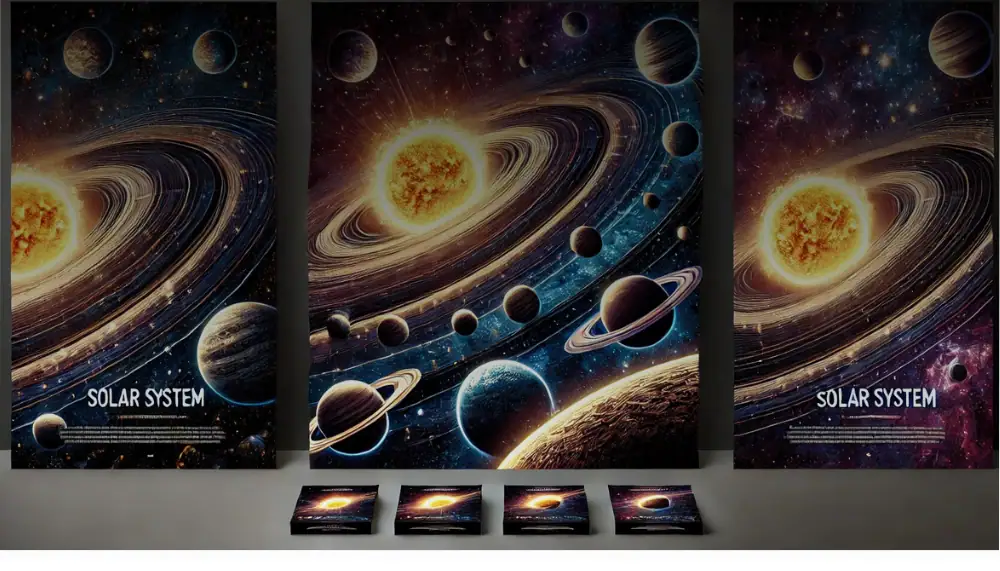 Illustration artistique du système solaire avec le Soleil, planètes et étoiles dans un décor spatial vibrant.