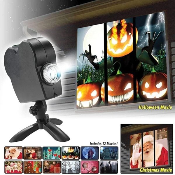 Baladeur de projection avec effets Halloween et Noël, affichant des images effrayantes et festives pour créer une ambiance immersive.