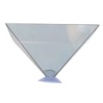 Lampe de laboratoire en forme de cône inversé, en verre transparent avec base en plastique bleu, utilisée pour des expériences scientifiques ou comme décoration.