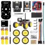 Un robot programmable avec moteurs, capteurs, et pièces pour projets STEM.