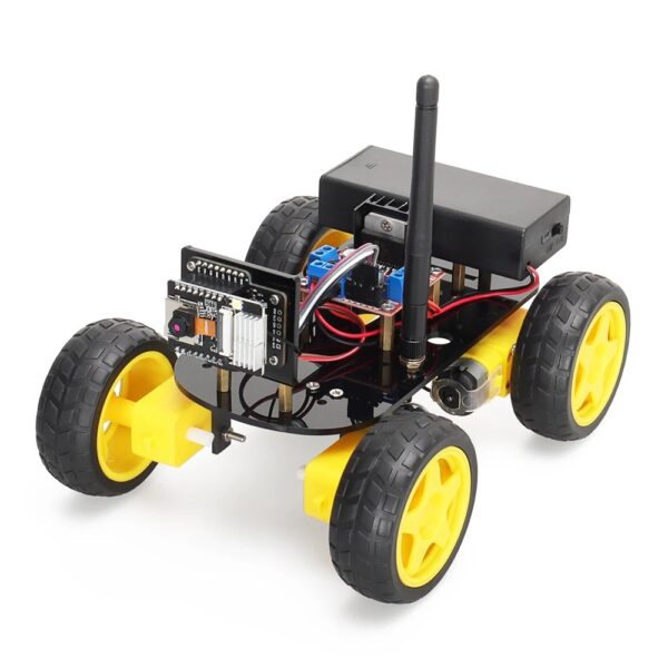 Un robot télécommandé compact avec roues jaunes, équipé d’un microcontrôleur, d’un module radio et de capteurs, idéal pour projets éducatifs et expérimentations en robotique.