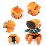 Robot éducatif orange avec bras articulés et roues, idéal pour l'apprentissage ludique de la robotique et de la programmation pour enfants.