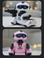 Robot éducatif programmable blanc et noir avec arme, conçu pour l'apprentissage de la robotique et de la programmation, idéal pour les enfants et passionnés de technologie.