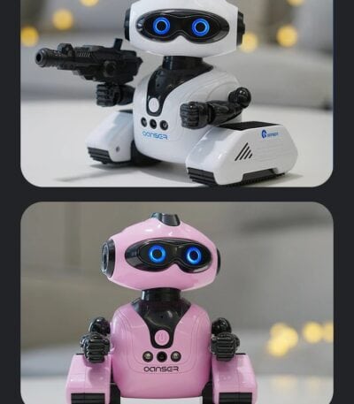 Robot éducatif programmable blanc et noir avec arme, conçu pour l'apprentissage de la robotique et de la programmation, idéal pour les enfants et passionnés de technologie.