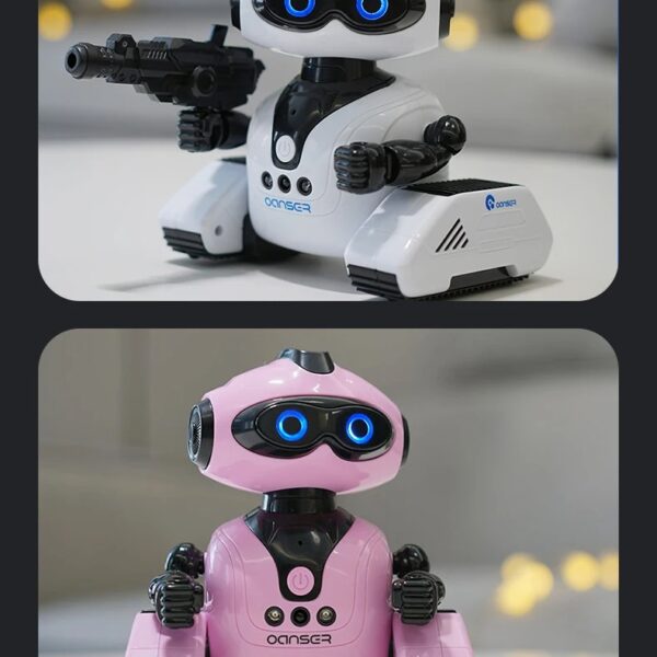 Robot éducatif programmable blanc et noir avec arme, conçu pour l'apprentissage de la robotique et de la programmation, idéal pour les enfants et passionnés de technologie.