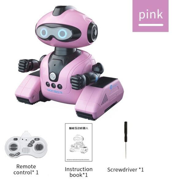 Robot éducatif rose pour enfants avec télécommande, manuel d'instructions et tournevis pour assembler ce robot interactif et éducatif, idéal pour stimuler la curiosité scientifique des jeunes.
