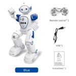 Robot éducatif programmable avec télécommande, câble USB et instructions incluses.