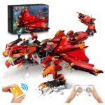 Modèle de dragon en LEGO rouge avec ailes articulées, contrôlé à distance, parfait pour les amateurs de science et de décoration.