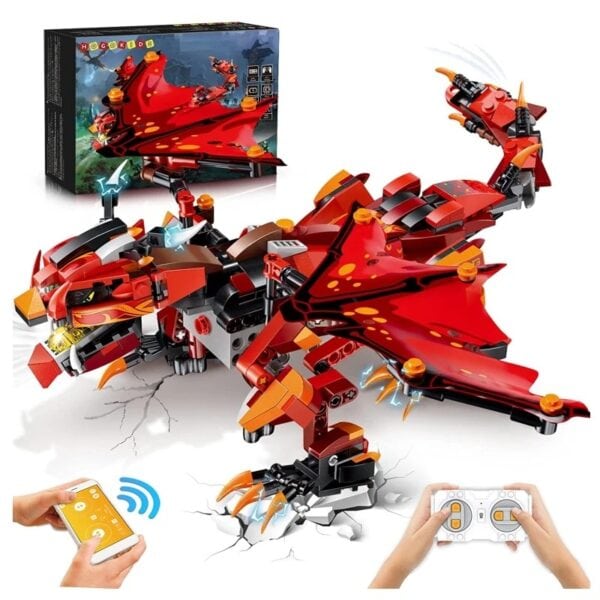 Modèle de dragon en LEGO rouge avec ailes articulées, contrôlé à distance, parfait pour les amateurs de science et de décoration.