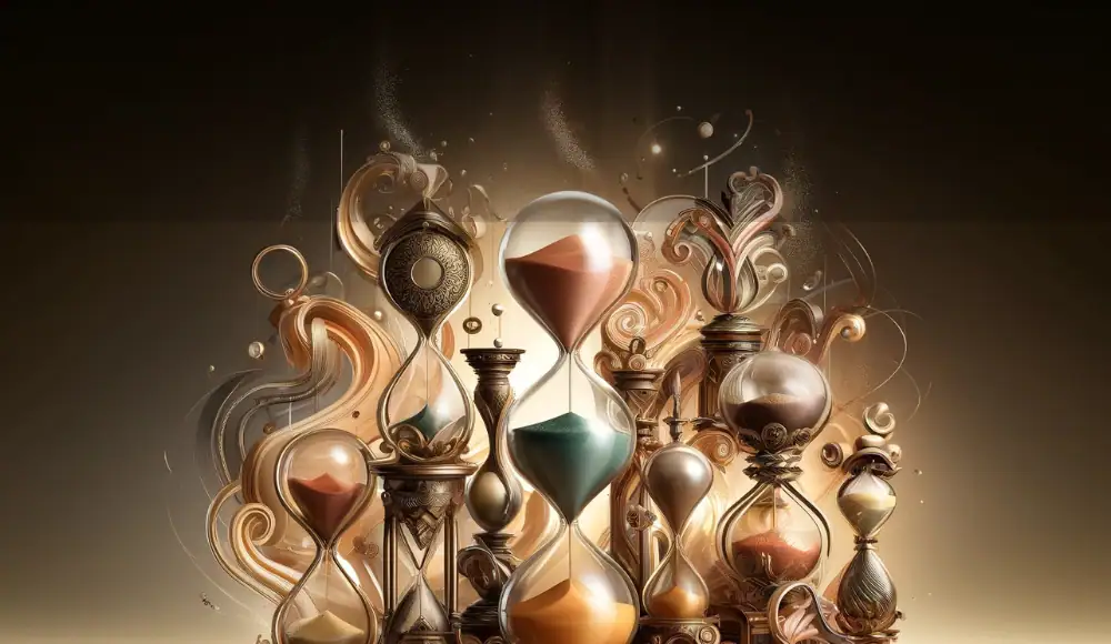 Collection d'horloges artistiques en verre et métal, avec des formes variées et des couleurs chaudes, créant une ambiance élégante et sophistiquée.