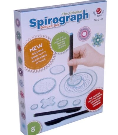 Jeu éducatif Spirograph Deluxe avec pièces réutilisables, stylos et modèles pour créer des motifs géométriques complexes, idéal pour les amateurs de science et de décoration.