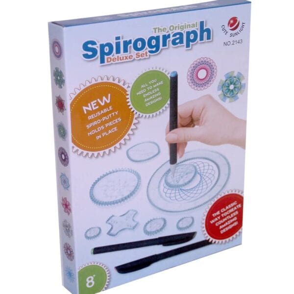 Jeu éducatif Spirograph Deluxe avec pièces réutilisables, stylos et modèles pour créer des motifs géométriques complexes, idéal pour les amateurs de science et de décoration.