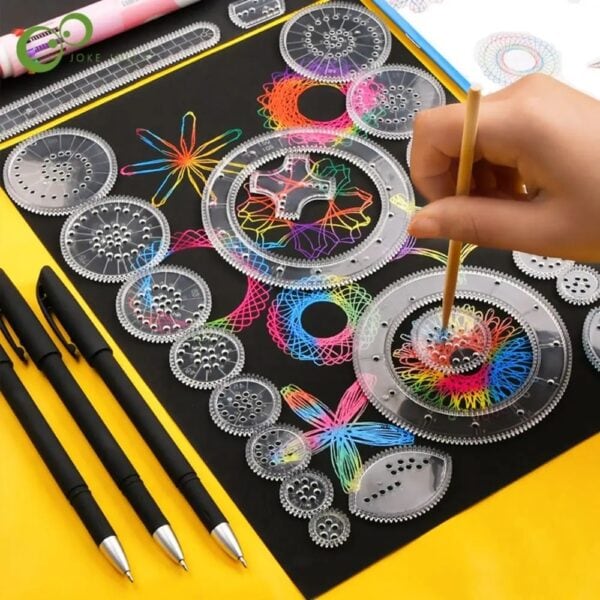 Fusées de fil de couleur multicolores avec outils de création scientifique, tels que des stylos et des cercles de tracé, sur un fond noir. Idéal pour activités éducatives et artistiques en scien.