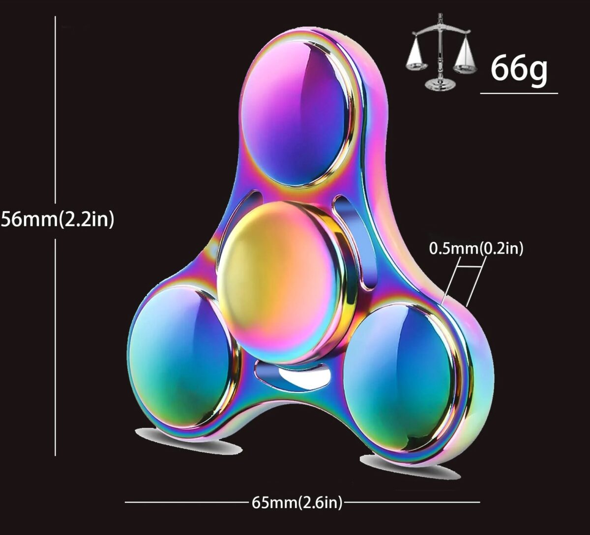 Fidget spinner holographique avec design coloré et dimensions précises, idéal pour la détente et le divertissement. Poids de 66g, dimensions de 65mm x 56mm, épaisseur de 0,5mm.