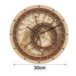 Horloge murale scientifique en bois avec cadran complexe et détails techniques, idéale pour décoration de bureau ou espace scientifique.