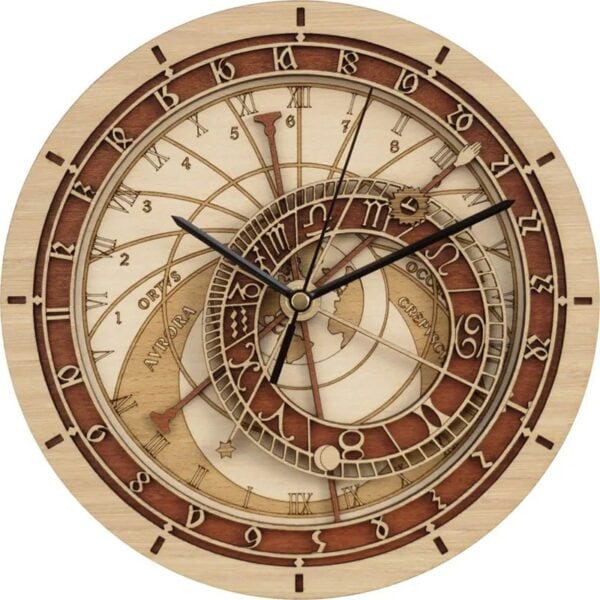 Horloge murale avec cadran scientifique en bois, design unique et décoratif pour les amateurs de science et de décoration intérieure.
