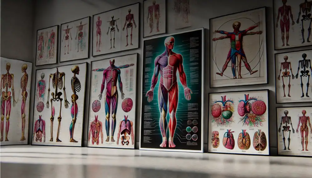 Poster éducatif illustrant l'anatomie humaine avec muscles, os et organes. Parfait pour la décoration scientifique ou l'apprentissage en salle de classe.