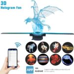 Hologramme de dragon en 3D projeté par un ventilateur holographique, contrôlable via une application mobile compatible iOS et Android.