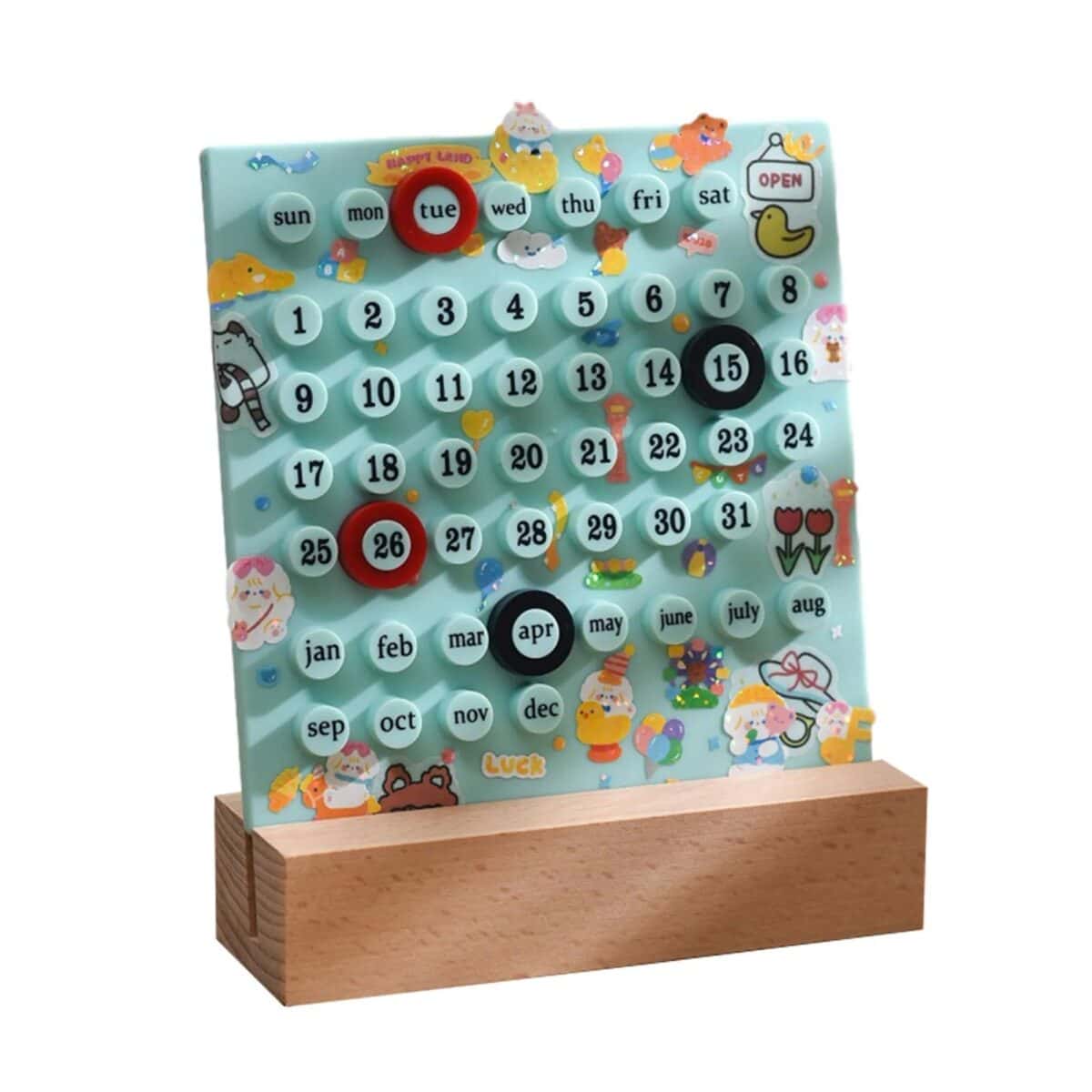 Calendrier éducatif pour enfants avec jours, dates, mois et illustrations ludiques.