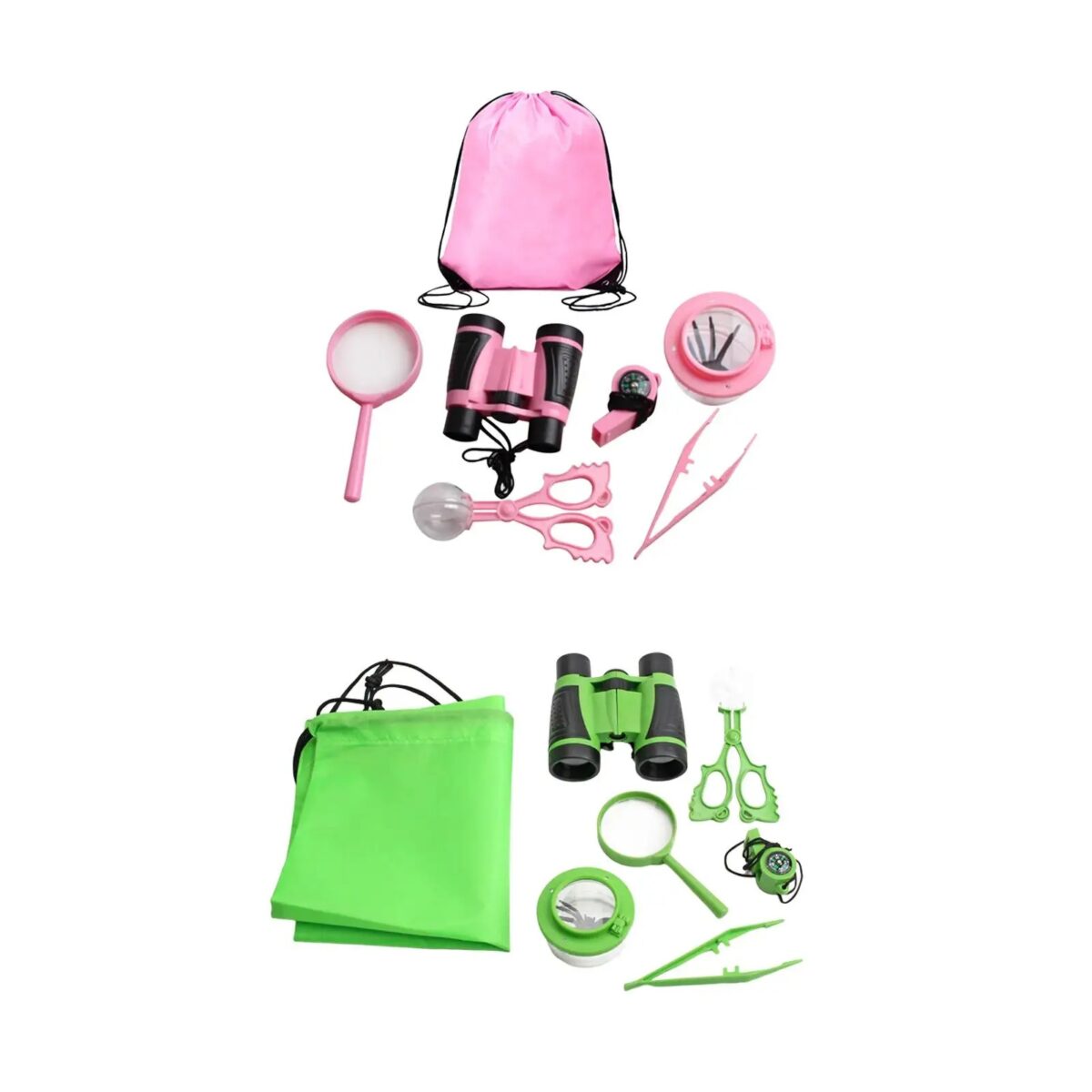 Balade d'observation pour enfants avec jumelles, loupe, ciseaux, et accessoires de découverte.