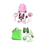 Balade d'observation pour enfants avec jumelles, loupe, ciseaux, et accessoires de découverte.