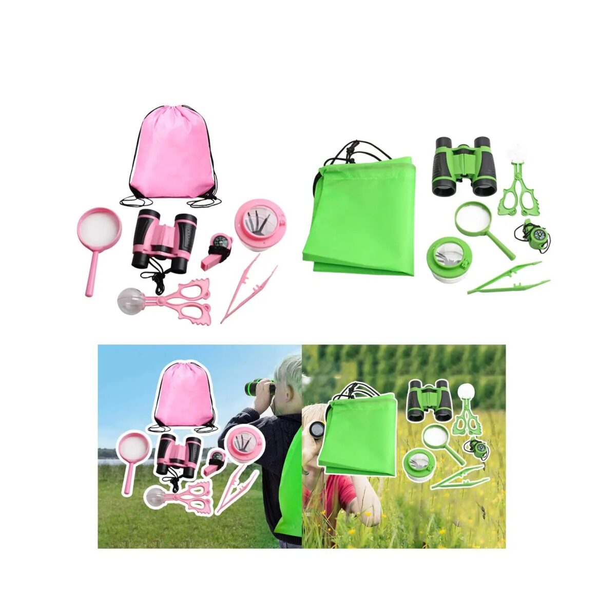 Kit d'observation scientifique pour enfants avec jumelles, loupe, télescope, et accessoires pour explorer la nature en extérieur. Parfait pour éveiller la curiosité scientifique des jeunes explorateur.