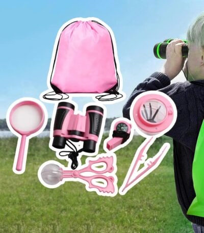 Kit d'observation pour enfants avec jumelles, loupe, ciseaux, sac de rangement, et autres outils éducatifs.