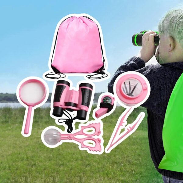 Kit d'observation pour enfants avec jumelles, loupe, ciseaux, sac de rangement, et autres outils éducatifs.