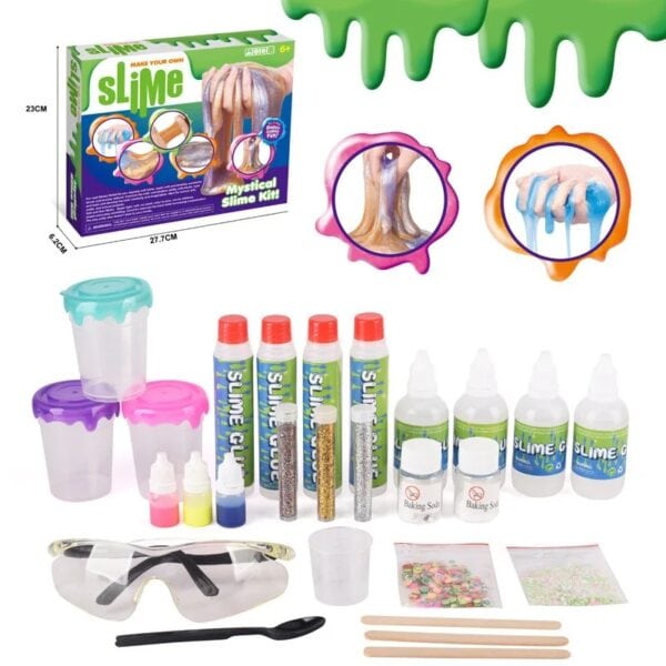 Kit de fabrication de slime avec accessoires colorés, bouteilles de colle, paillettes, et outils pour créer des slimes mystiques et colorés.